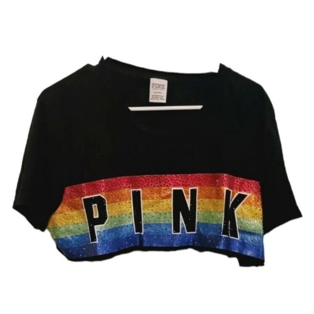 Womens  Victoria's Secret PINK bling Crop short Sleeve Top Size Medium